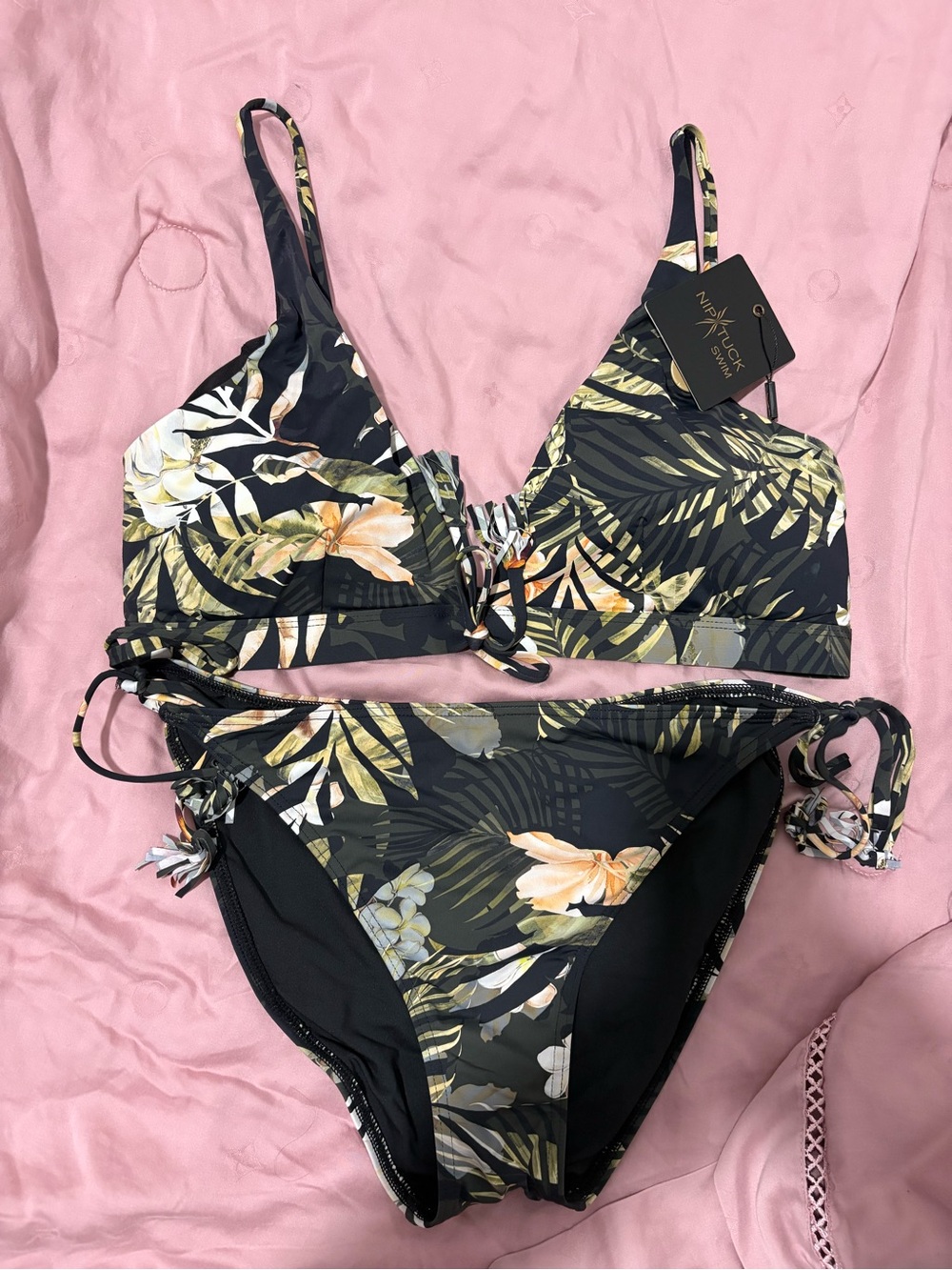 Women's Black Tropical Floral Tie-Front Bikini